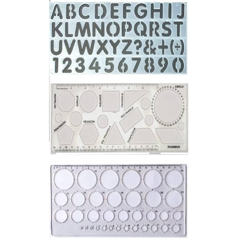 Stencil Set — Alphabets + Shapes + Numbers (3 pcs)